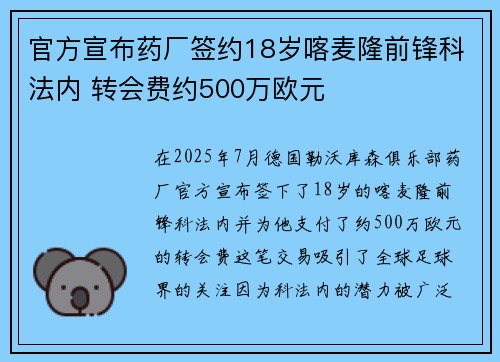 官方宣布药厂签约18岁喀麦隆前锋科法内 转会费约500万欧元