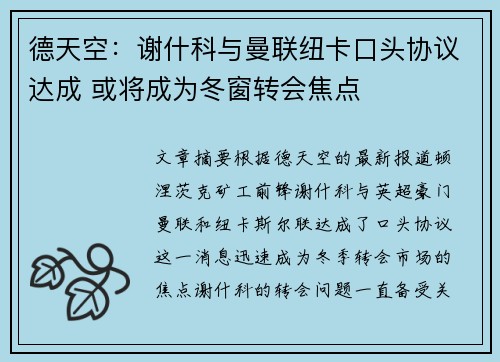 德天空：谢什科与曼联纽卡口头协议达成 或将成为冬窗转会焦点